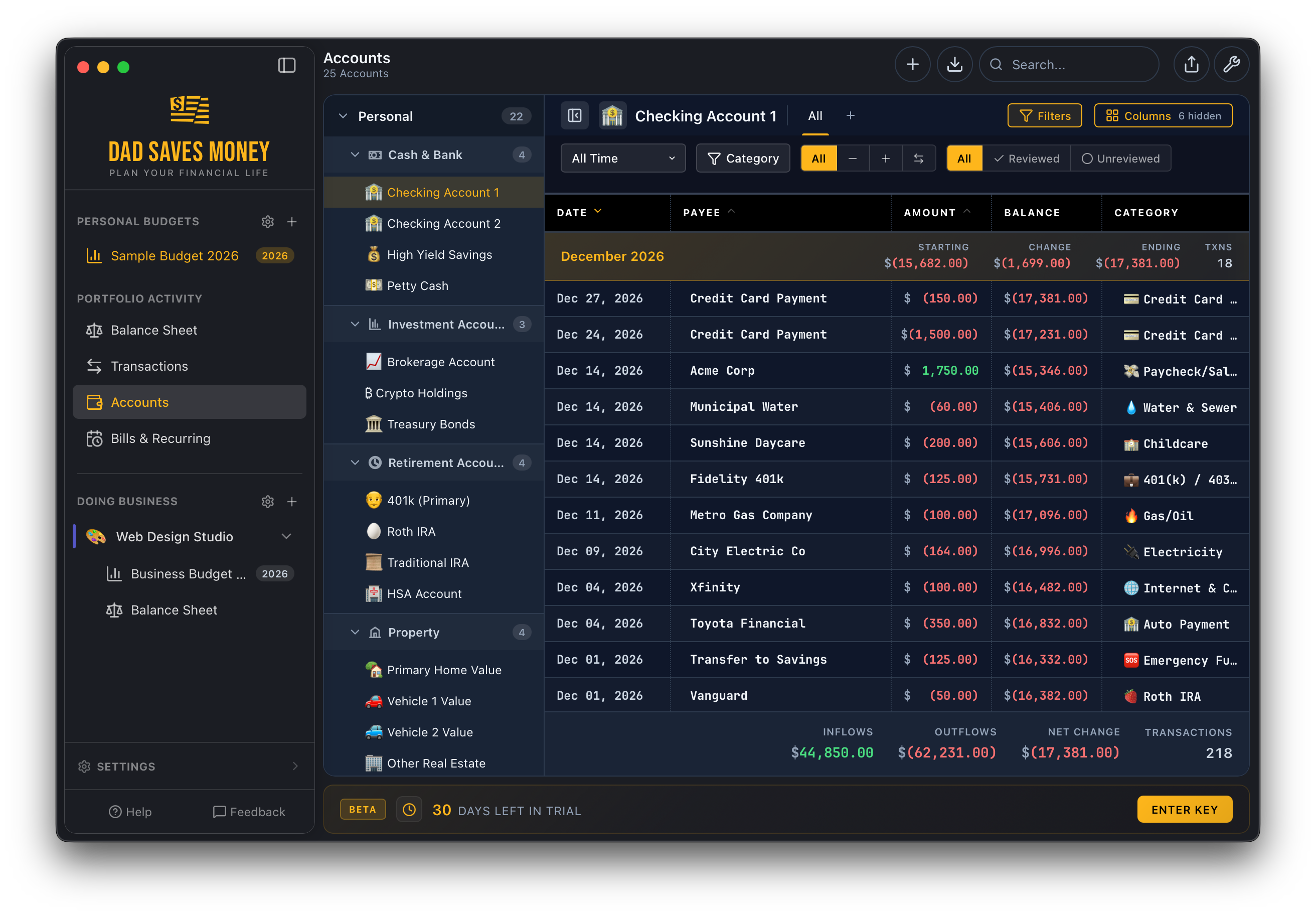 Accounts view showing checking, savings, investment, retirement, and property accounts with transactions